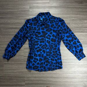 Blue and Black Leopard Print Button Down Blouse